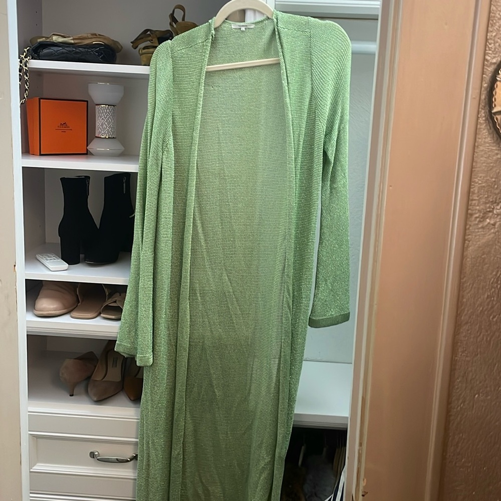 Tularosa duster open cardigan - Wendy Robe light green, per Revolve.